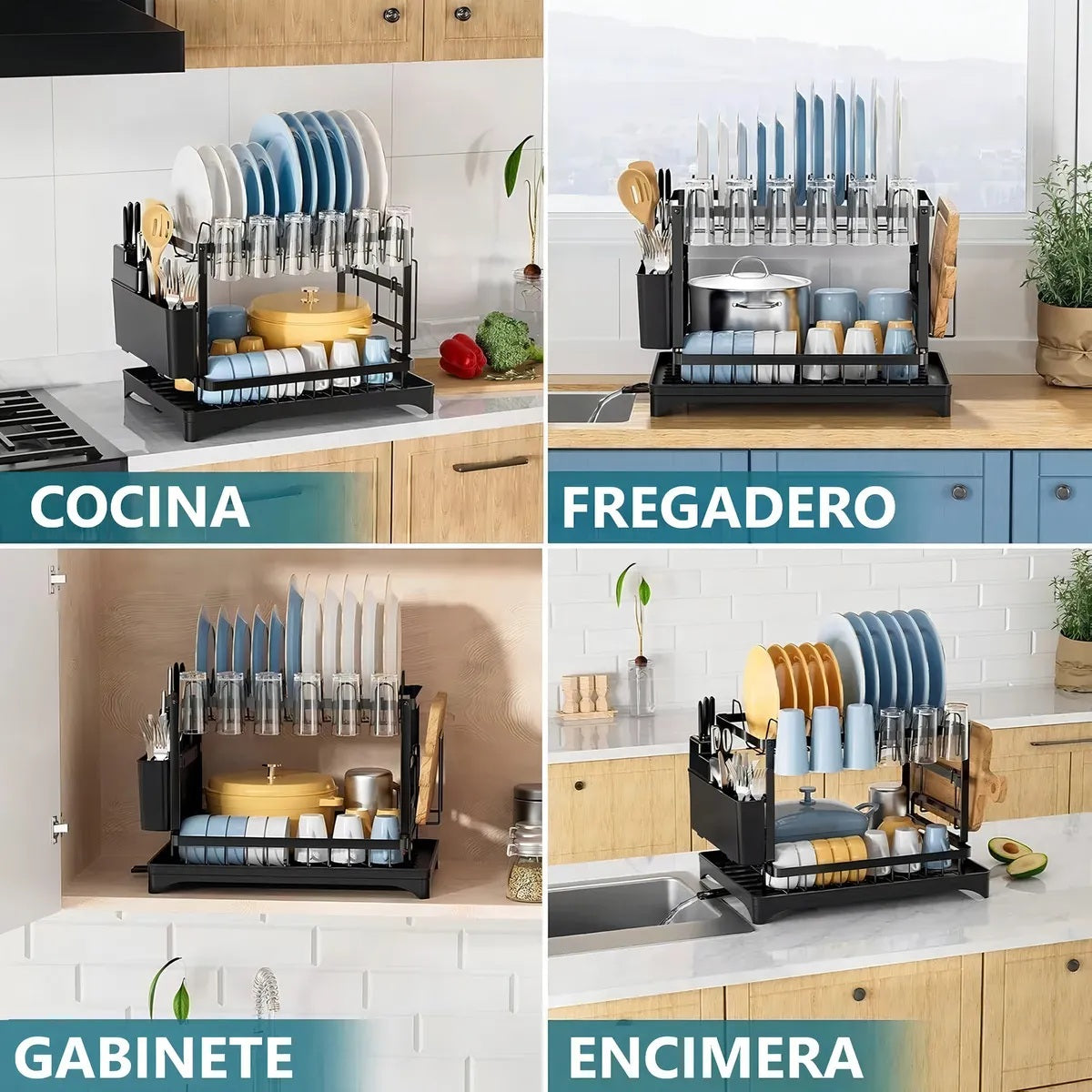 Secaplatos de mesa, 2 niveles, acero inoxidable negro con cubiertero y secavasos.