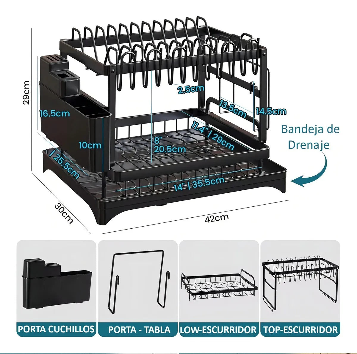 Secaplatos de mesa, 2 niveles, acero inoxidable negro con cubiertero y secavasos.