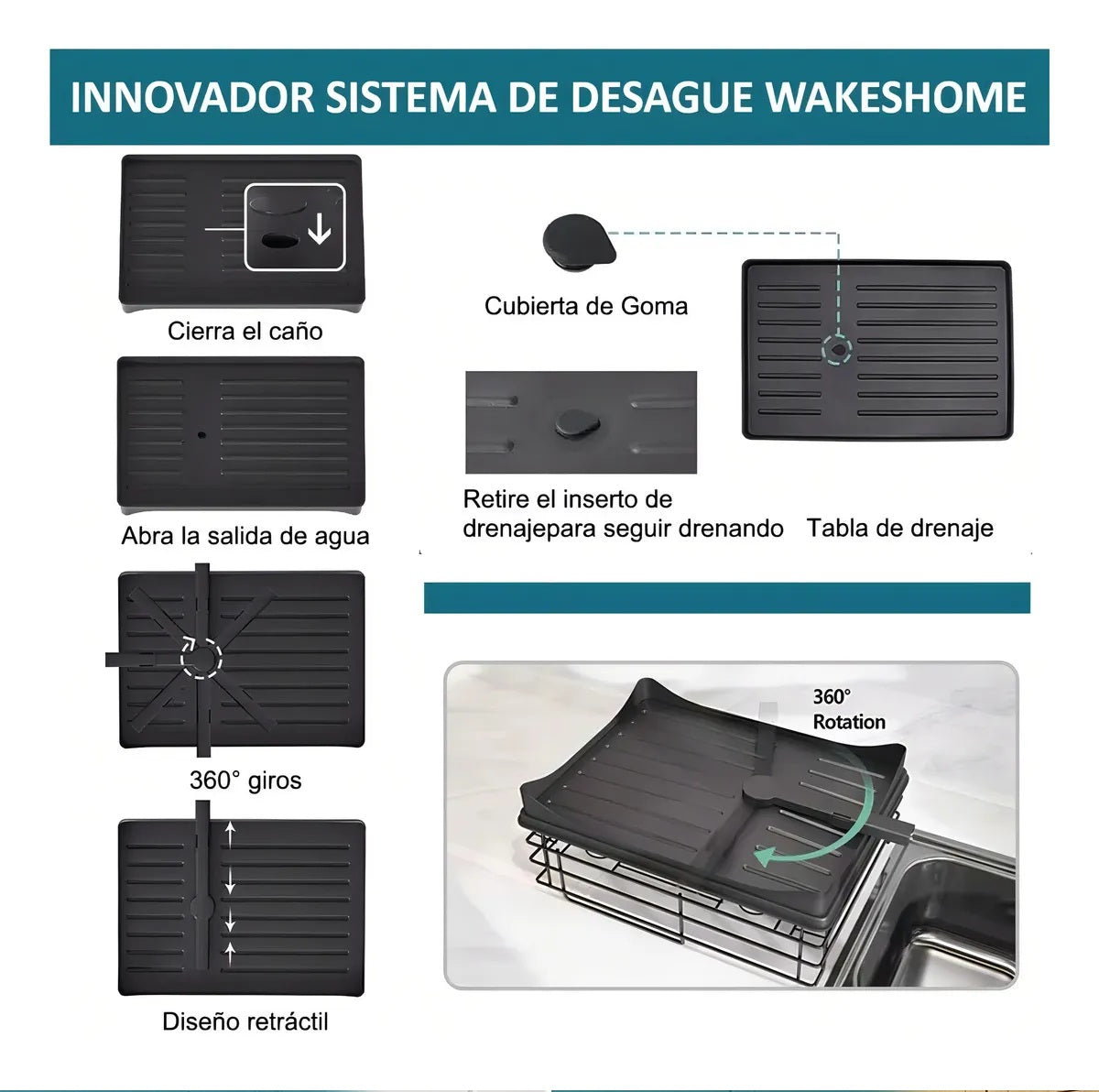 Secaplatos de mesa, 2 niveles, acero inoxidable negro con cubiertero y secavasos.