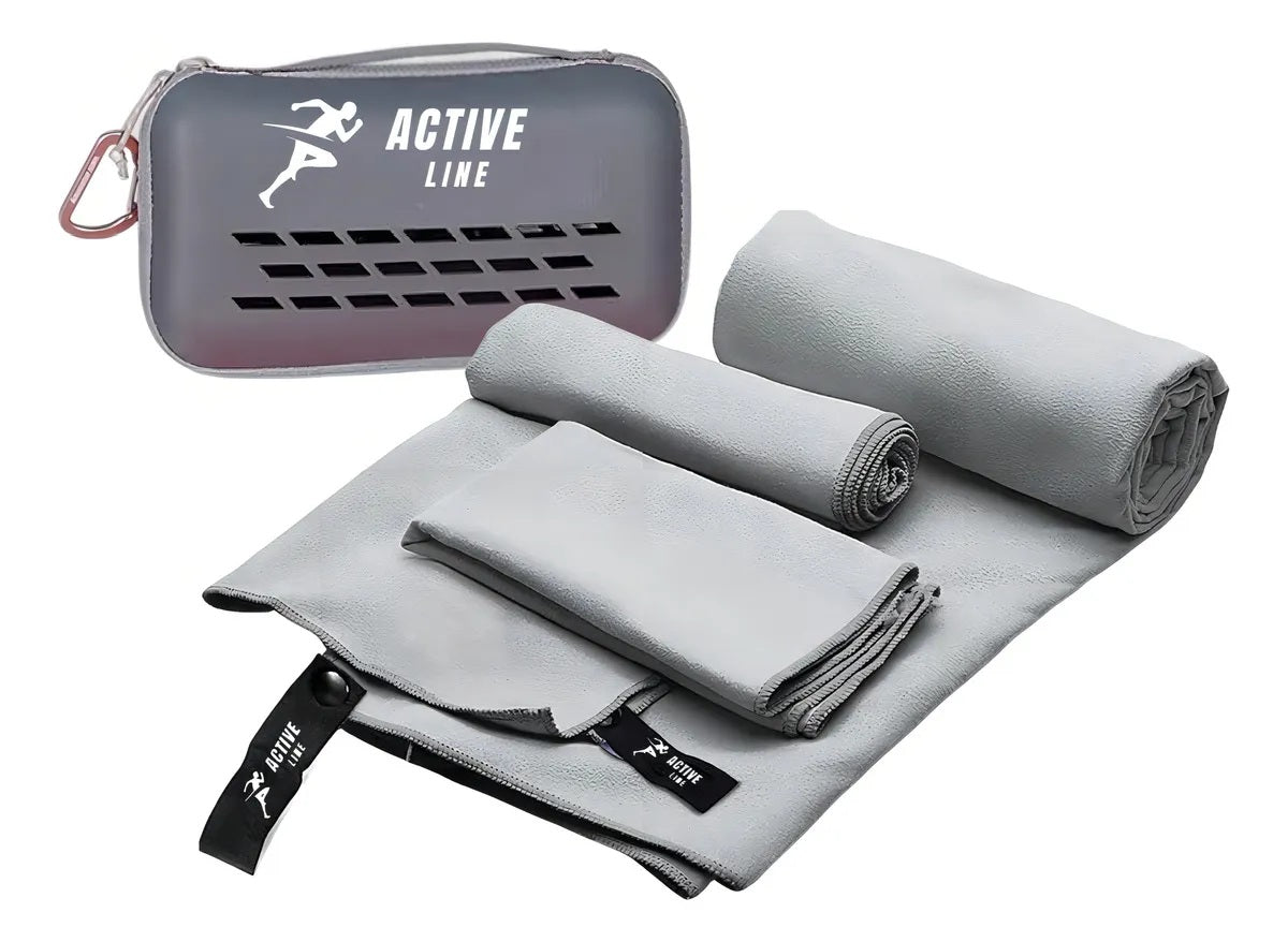 Set de 3 Toallas de Microfibra Gris, con Estuche.